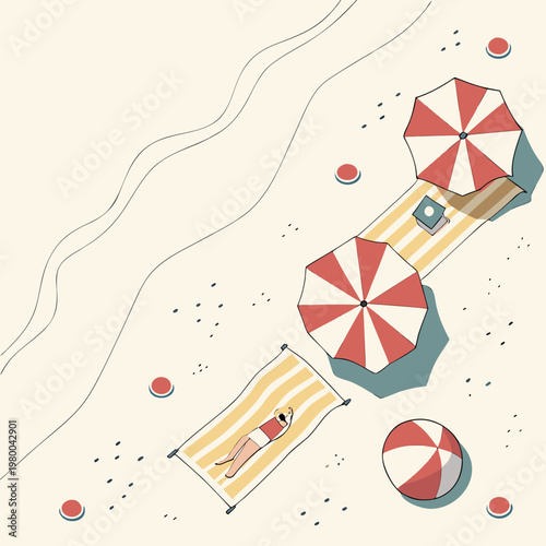 A person relaxing on a beach towel with umbrellas and beach balls scattered around on a sandy shore