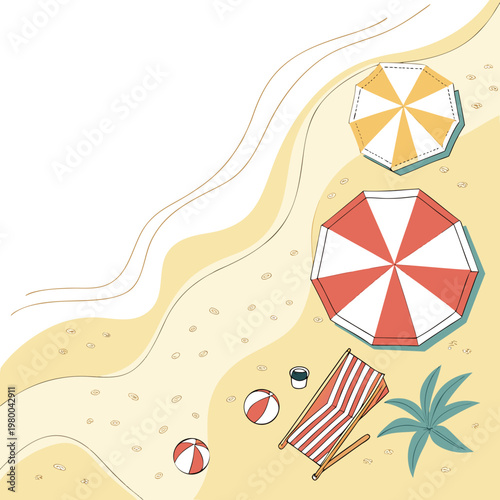 Beach scene with colorful umbrellas, beach chairs, and balls on sandy shore with palm leaf