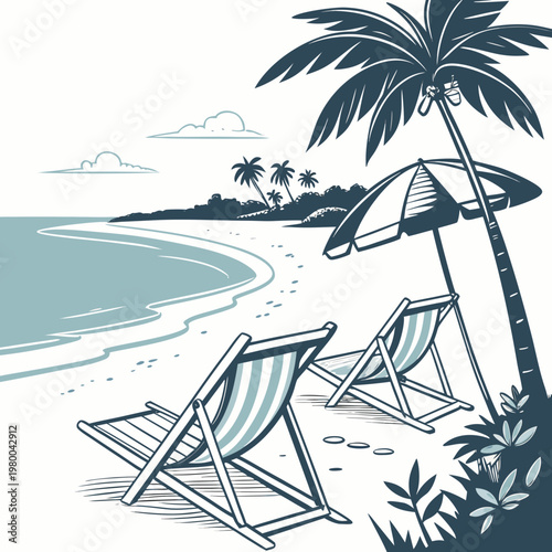 Beach scene with two deck chairs and a palm tree on a tropical shore with ocean waves and a cloudy sky