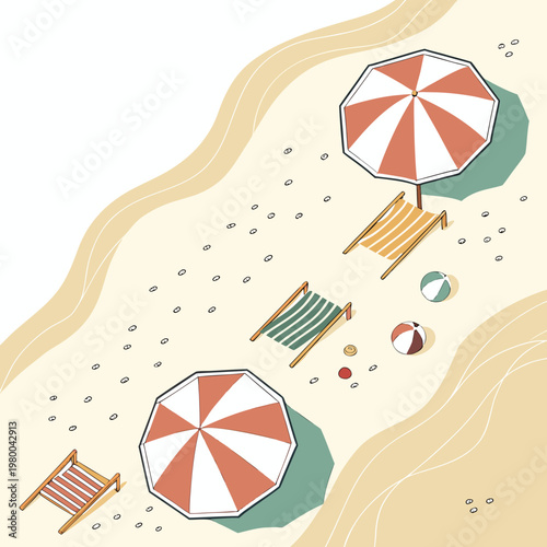 Beach scene with colorful beach chairs and umbrellas on sandy shore with beach balls and other summer accessories