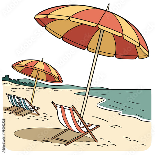 Cartoon illustration of beach scene with colorful umbrellas and deck chairs on sandy shore by the sea