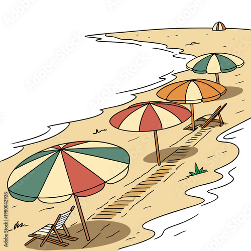 Cartoon illustration of a beach scene with colorful umbrellas and chairs on sandy shore by the sea