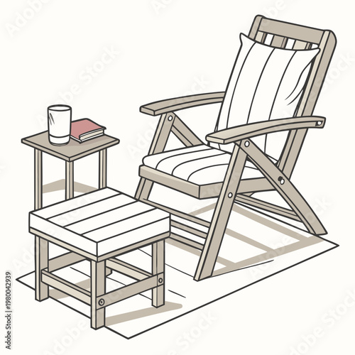 A wooden deck chair with a footstool and side table on a rug with a book and a mug on it