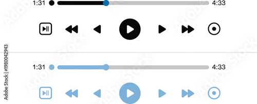 Media player control interface with progress bars and buttons for navigation in black and blue colors
