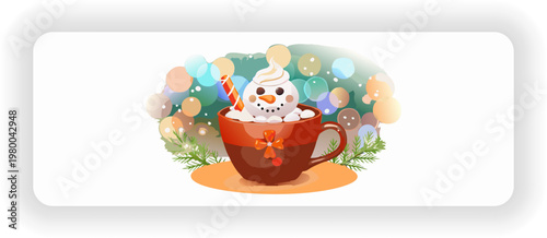 Cute Winter Holiday Hot Cocoa Cups with Snowman and Festive Decorations Illustration