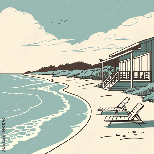 A serene beach scene with a house and two lounge chairs on the shore with waves and a cloudy sky