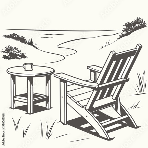 Black and white illustration of an adirondack chair and table on a beach with a cup of coffee on the table