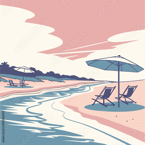 A serene beach scene with lounge chairs and umbrellas on the shore with a pink sky and blue water