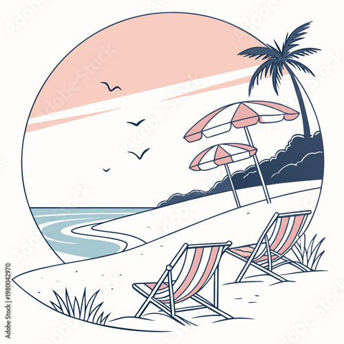 Beach scene with two deck chairs and umbrellas on sandy shore by palm tree at sunset