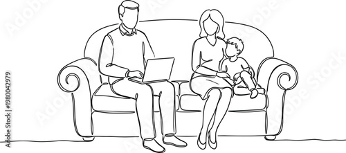 Family sitting on sofa with father working on laptop, parenting lifestyle concept, home environment, modern household and work life balance line illustration