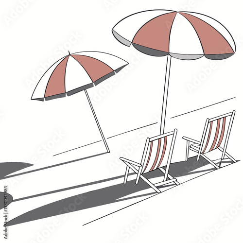 Two beach chairs with red and white umbrellas on a sunny day at the beach with shadows on the sand