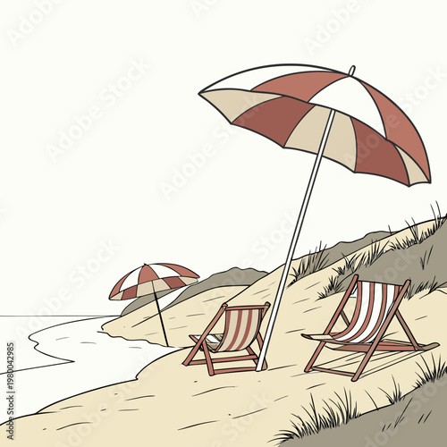Beach scene with two striped deck chairs and beach umbrellas on sandy shore by the sea on sunny day