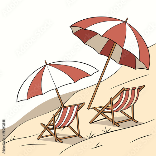 Beach scene with two red and white striped deck chairs and matching umbrellas on sandy dune