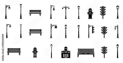 Street furniture and urban elements set with various street lamps, park benches, traffic lights, fire hydrants and building silhouette icons.
