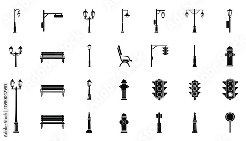Street light and city furniture icon set with lamp post, bench, traffic light, fire hydrant and bollard vector silhouettes.