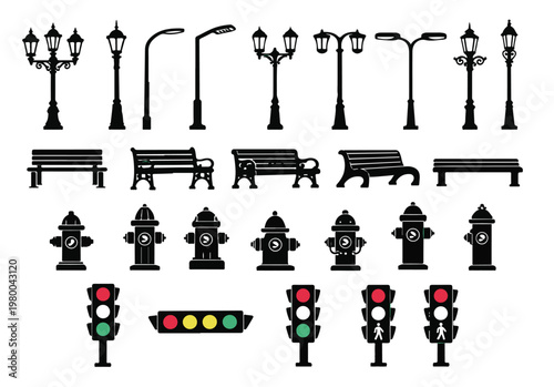 Urban street furniture collection with various lamp posts, park benches, fire hydrants and traffic light silhouettes set.