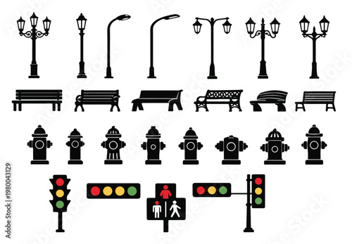 Urban street elements set with diverse lamp posts, park benches, fire hydrants and pedestrian traffic light silhouettes.