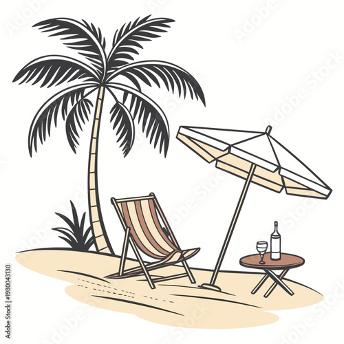A beach scene with a palm tree, deck chair, umbrella, and table with a bottle and glass on a sandy shore