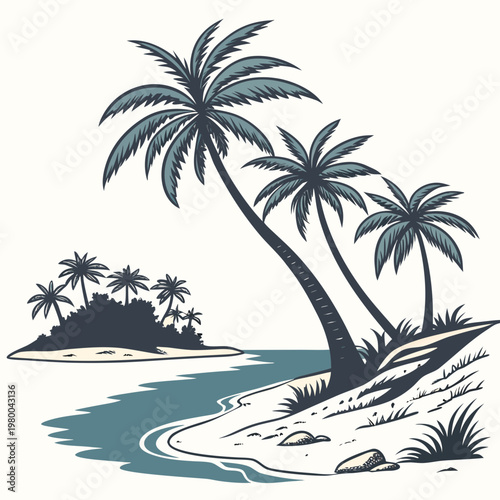 Photos Tropical island scene with palm trees on sandy beach and calm waters