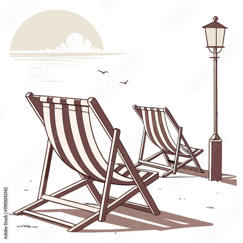 Illustration of two striped deck chairs on a beach by a lamp post at sunset