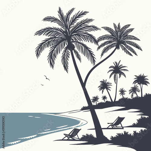 A serene beach scene with palm trees and lounge chairs on the shore by the ocean with a tropical feel and a simple design