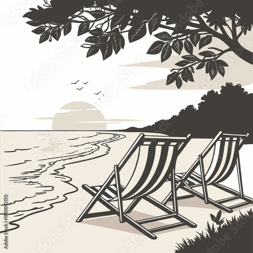 A serene beach scene with two deck chairs on the sand at sunset