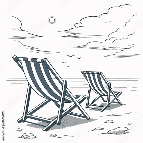 Illustration of two striped beach chairs on sandy shore with cloudy sky and sun