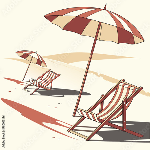 Beach scene with two red and white striped deck chairs and matching umbrellas on sandy shore with hills in background