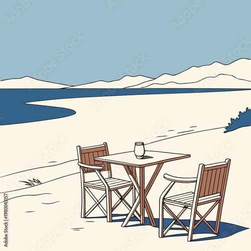 Illustration of a beachside table and chairs with a scenic view of mountains and water