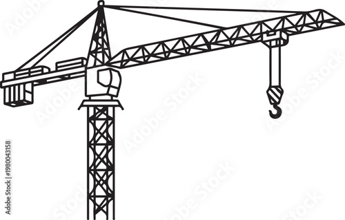Tower crane vector illustration in black and white representing high rise construction equipment heavy machinery and industrial engineering infrastructure