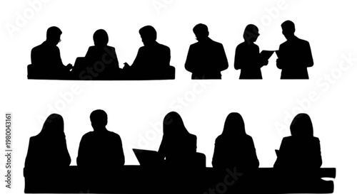Silhouettes of people seated in a meeting around a conference table isolated on transparent background, Vector