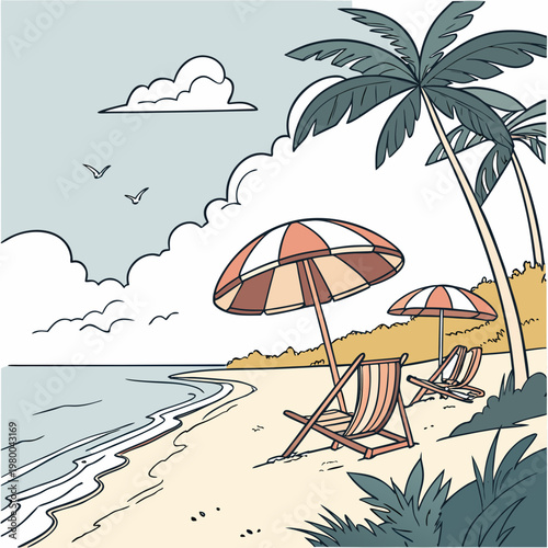 A serene beach scene with palm trees, deck chairs, and umbrellas on a sunny day with a clear blue sky and white clouds