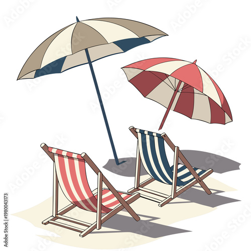 Two beach chairs with umbrellas on a sandy beach on a sunny day