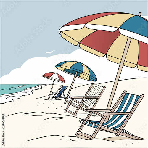 A serene beach scene with colorful umbrellas and striped deck chairs on sandy shore by the ocean waves under a cloudy sky