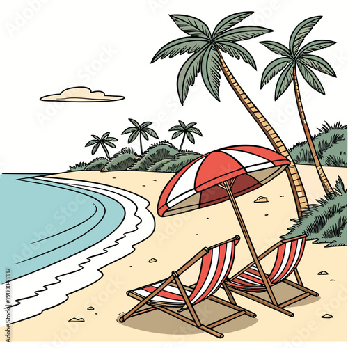 Beach scene with palm trees, deck chairs and umbrella on sandy shore by the sea on a sunny day with a cloudy sky