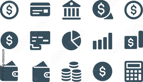 Set of various financial symbols representing banking services payment methods and economic data analysis and calculation