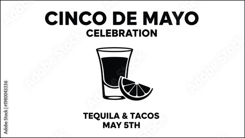 Cinco De Mayo celebration flyer with tequila shot and lime wedge icon for Mexican holiday party invitation isolated on white background