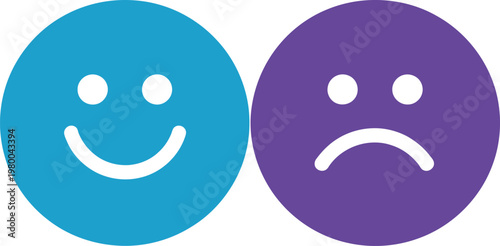 Blue smiley face representing joy and purple unhappy face showing sadness for contrasting emotional mood assessment