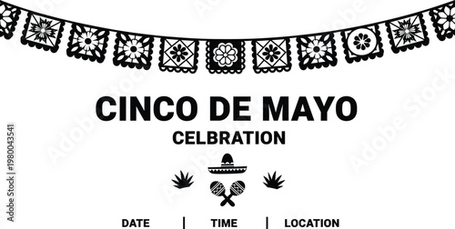 Cinco De Mayo celebration banner with papel picado bunting maracas and sombrero icons for Mexican holiday party isolated on white background