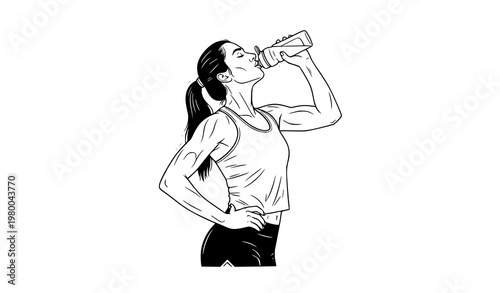 Sport girl athlete drinking water black and white vector illustration fitness concept
