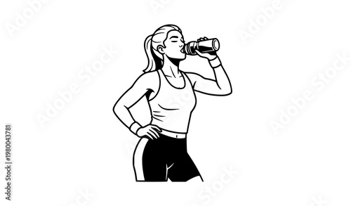 Black and white sport girl drinking water vector illustration fitness hydration