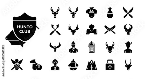 Collection of hunting and nature themed icons with a shield and animal heads