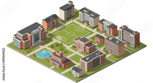 3D isometric view flat style illustration of modern university campus with academic buildings, sports field, green landscape and organized urban education environment