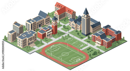 3D isometric view flat style illustration of modern university campus with academic buildings, sports field, green landscape and organized urban education environment