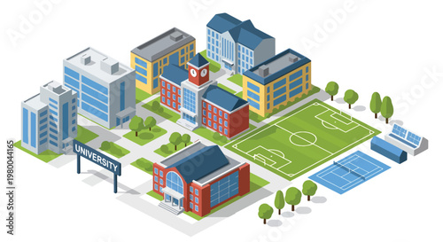 3D isometric view flat style illustration of modern university campus with academic buildings, sports field, green landscape and organized urban education environment