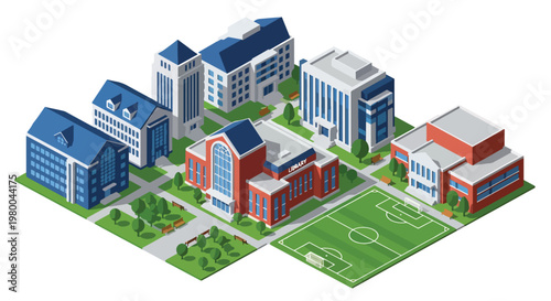 3D isometric view flat style illustration of modern university campus with academic buildings, sports field, green landscape and organized urban education environment