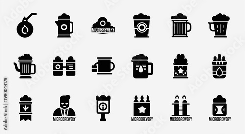 Collection of black icons representing brewing and microbrewery concepts