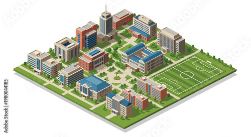 3D isometric view flat style illustration of modern university campus with academic buildings, sports field, green landscape and organized urban education environment