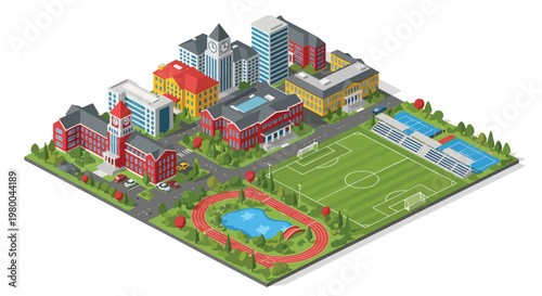 3D isometric view flat style illustration of modern university campus with academic buildings, sports field, green landscape and organized urban education environment