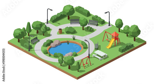 3D isometric view flat style illustration of green public park with pond, trees, walking paths and benches, peaceful outdoor urban recreation environment